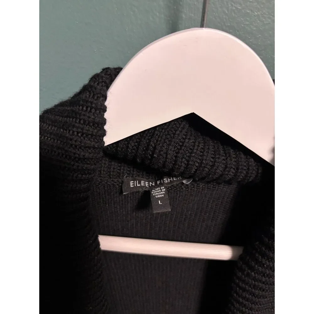 Eileen Fisher Sweater Cardigan Womens Size Large Black Merino Wool Chunky Zip